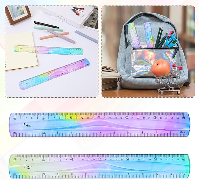2 Pcs 12 Inch Flexible Ruler, Colorful Plastic Straight Edge Rulers Bendable Ruler with Centimeters and Inches, Cute Flexible Rulers for Office Adults Measuring Tools