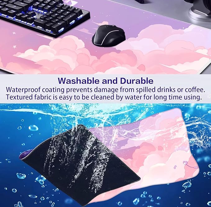 Cute Anime Cloud Desk Mat, Beautiful Pink Stitching Edge Non Slip Rubber Mouse Pad, Suitable for Female and Girl Office Decoration 35.4 x 15.7 x 0.12 Inches
