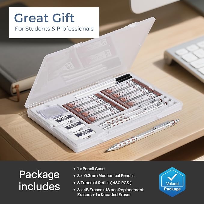 Nicpro 3 Pack Blocky Gear 0.3 mm Metal Mechanical Pencils Set with Case, Lead Drafting Pencil with 8 Tube (480PCS) Lead Refills, 4 Erasers, 18 Eraser Refills for Art Writing, Sketching Drawing