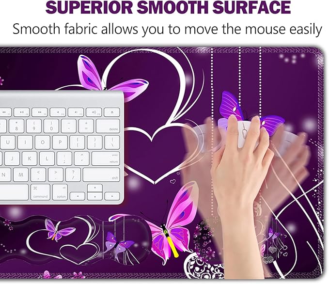 Upgraded Extended Gaming Mouse Pad, Keyboard Wrist Rest Pad, Wrist Support Mousepad Set, Artso Large Rubber Base Stitched Edges, Multifunctional Desk Pad (35 x15.5 in), Purple Heart Butterfly