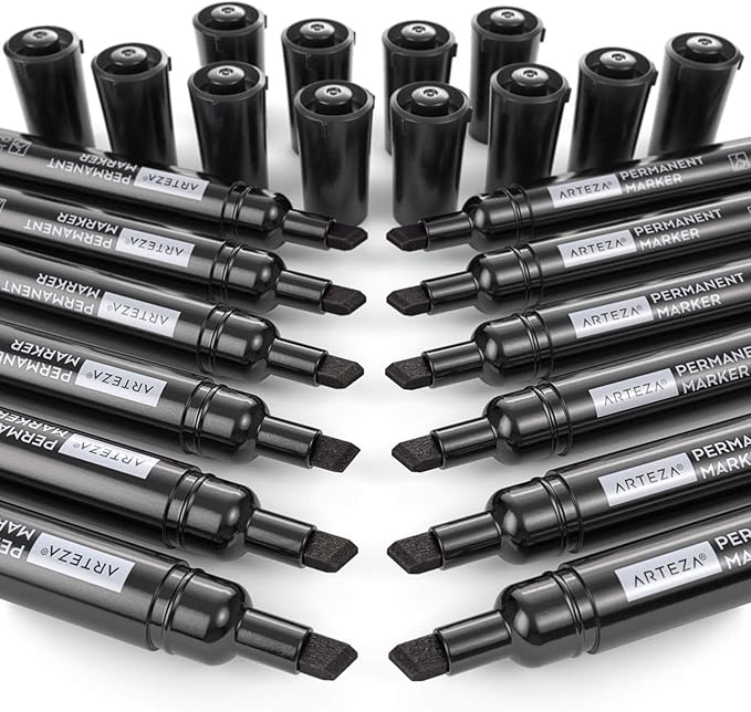 ARTEZA Permanent Markers, Set of 36, Black, Chisel Tip, Waterproof