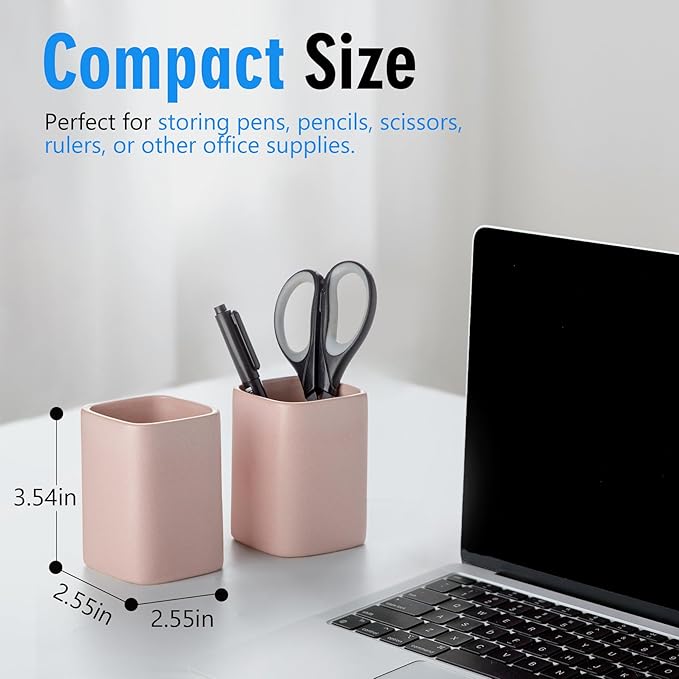 Pen Holder, 2 Pack Pencil Holder for Desk,Ceramic Pencil Cup Desk Organizer, Makeup Brush Holder Cute, Stationery Accessories for Office, School, Home (Matte pink)