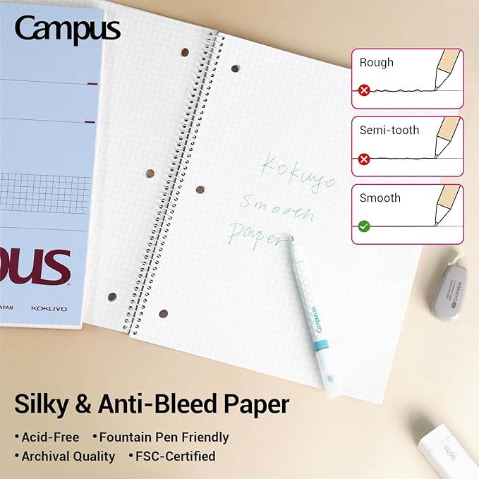 KOKUYO Spiral Notebook with 5x5 Graph Paper, 3 Pack Campus 10-1/2" x 8" Subject Notebooks, 80 Sheets, Light Pink Blue Off-White 3 Holes School Spiral Journal for Study Planner Drawing (WSG-SU-400G4×3)