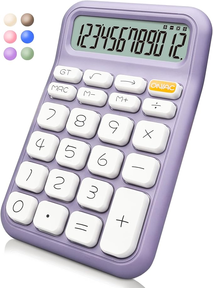 Desk Calculator,12 Digits, Large LCD Display,Big Buttons,Cute and Aesthetic,Suitable for Office and Study (Purple, S)