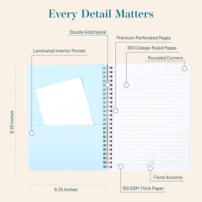 Happy Hoos® Aesthetic Spiral Notebook - 6.25" x 8.25" College Ruled Journal Notebook - Hard Cover Writing Journal for Work, School, Travel, More - Floral Notebook 8 Seasonal Designs (Frost & Flora)