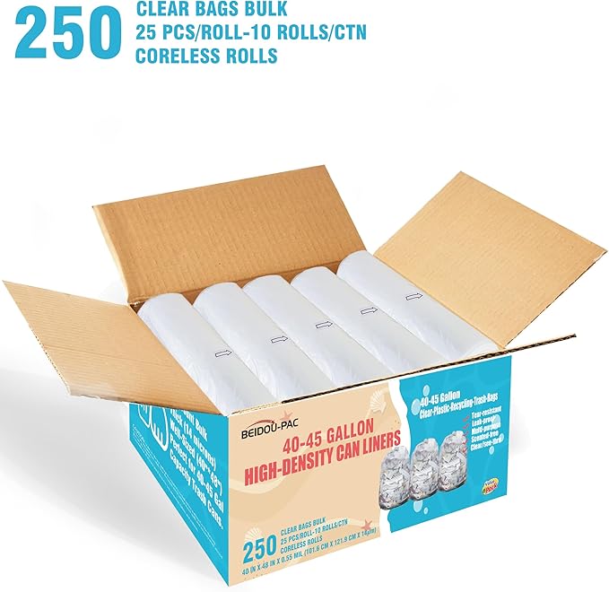 BEIDOU-PAC 40-45 Gallon Trash Bags, 250 Count Bulk, Heavy Duty Clear Plastic Recycling Garbage Bags, Multi-purpose Can Liners for Business Home Commercial, Industrial Contractors, Storage, Outdoor