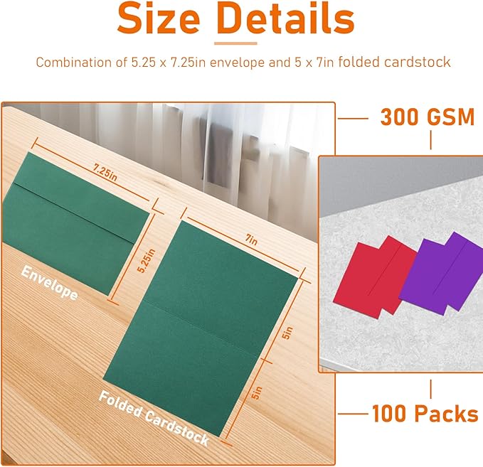 100 packs 10 Assorted Colors Cards and Envelopes 5 x 7 Printable Heavyweight Blank Folded Cardstock and A7 Envelopes for Wedding Invitations, Thank You Cards, Baby Shower, Party