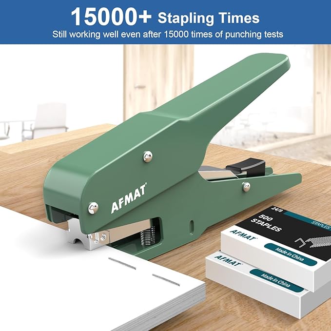 AFMAT Effortless Plier Stapler, Metal 30 Sheet Stapling Plier, 15000+ Stapling Times, with Staples & Reload Button, Handheld Stapler Heavy Duty, Space Save Size, Good for Office, Home, School, Green