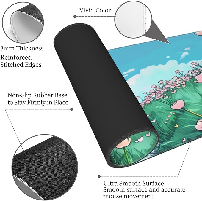 Anime Flower Gaming Mouse Mat Extended Large XL Mouse Pad Desk Mat Non-Slip Rubber Mice Pads Stitched Edges for Office and Home,31.5 X 11.8 X 0.12 Inches