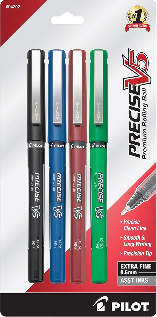 Pilot Precise V5 Capped Liquid Ink Rollerball Pens, Extra Fine Point Ink Pens 0.5 mm, Colored Pens, Assorted Colors, Pack of 4 - Ideal for School, Journaling, & Office Writing