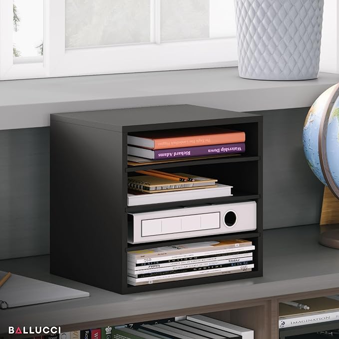 Ballucci 4-Tier Paper Organizer for Desk, Stackable Tray, Desk Storage Organizer Shelves, Stacking Letter Paper Tray Sorter for Classroom Office, Black