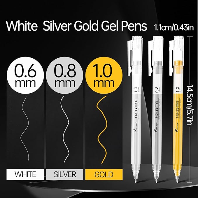 Gold Silver White Gel Pens - 0.6/0.8/1.0mm Extra Fine Point Opaque Archival Ink Pen Set for Black Paper Art, Holiday Gifts & Bullet Journaling - 9 Pack Gel Pens for Artists, Card Making Sketching