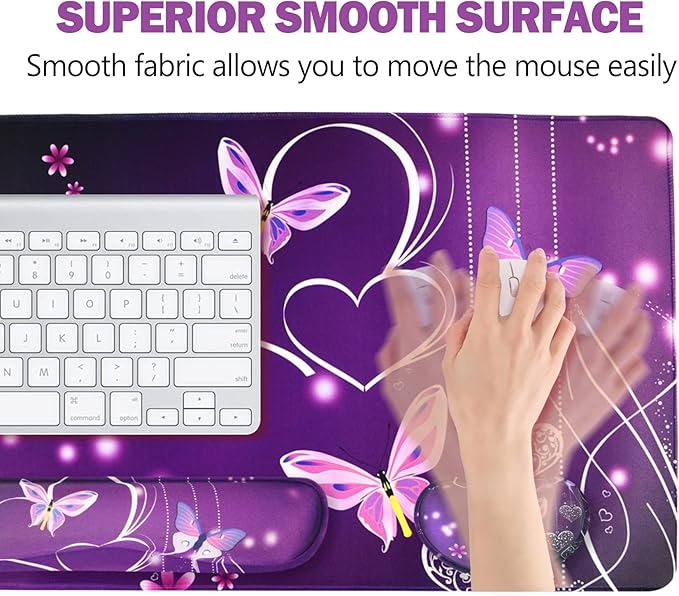 ARTSO Large Gaming Mouse Pad, Keyboard Wrist Rest Pad & Wrist Support Mousepad Set, Stitched Edge, Extended, Non-Slip Base, Memory Foam Desk Mat for Office, Home, Purple Heart Butterfly
