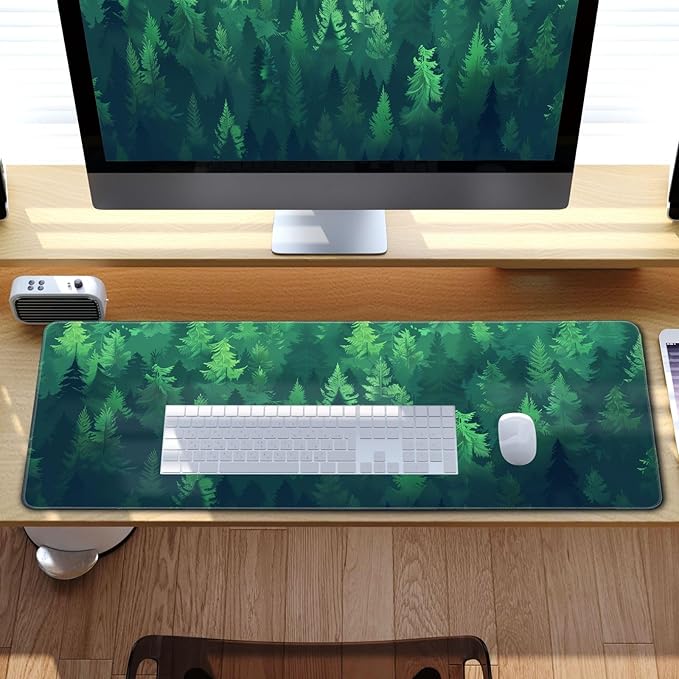 Forest Gaming Green Large Gaming Mouse Pad Keyboard Desk Pad Extended Mouse Pad Gaming Office Decor, Pc Laptop Mouse Pads Large (31.5x11.8 in) with Stitched Eges Non-Slip Base Mousepad XL
