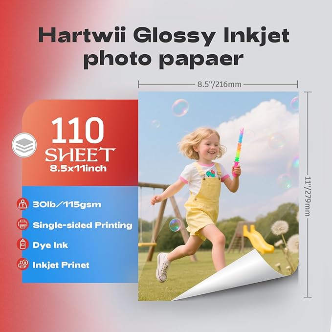 Glossy Thin Inkjet Paper 8.5x11 Inches, 110 Sheets, 115gsm Premium Photo Paper for Inkjet Printer with Dye Ink for Custom Chip Bag Party Favors