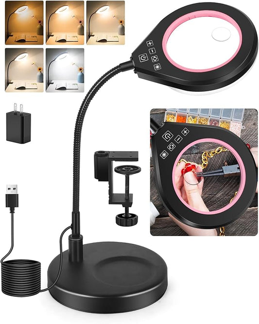 Flexible Gooseneck 2-in-1 Magnifying Glass with Light and Stand,10x & 5x Real Glass Lens Magnifying Lamp, 5 Color Stepless Hands-Free LED Desk Lamp with Clamp for Painting, Crafts, Reading (Pink)