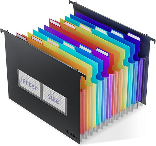 ThinkTex Plastic Expanding Hanging File Folders,12 Accordion Pockets,Large Capacity for Letter Size, Organizer for Filing Cabinet,Ideal for Tax,Contracts,Invoices,for Office,School & Home,Black