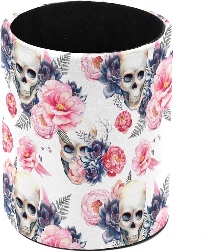Pen Holder Cup Pencil Cup Holder for Office Watercolor Skull and Peonies Flowers Desk Organizer