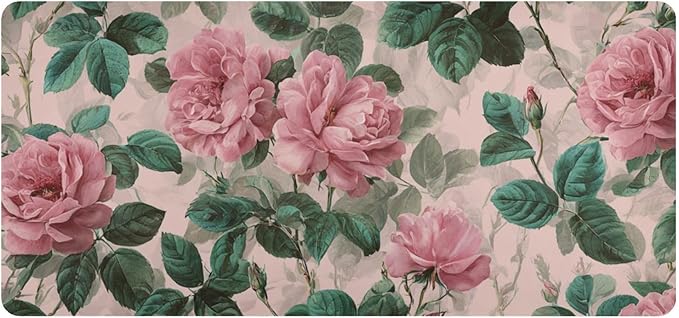 Mouse Pad Desk Mat Leather Desk Pad Large Gaming Desk Cover Protector Mat for Keyboard Computer Laptop Office Waterproof 35.4 x 16.5 Inch Pink Vintage Roses with Leaves