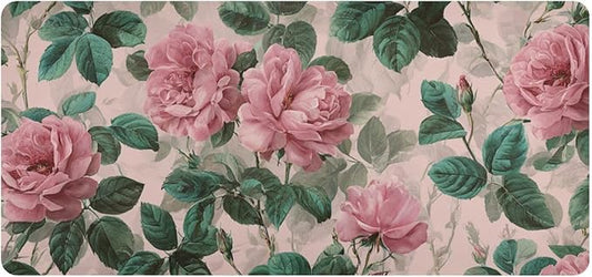 Mouse Pad Desk Mat Leather Desk Pad Large Gaming Desk Cover Protector Mat for Keyboard Computer Laptop Office Waterproof 35.4 x 16.5 Inch Pink Vintage Roses with Leaves