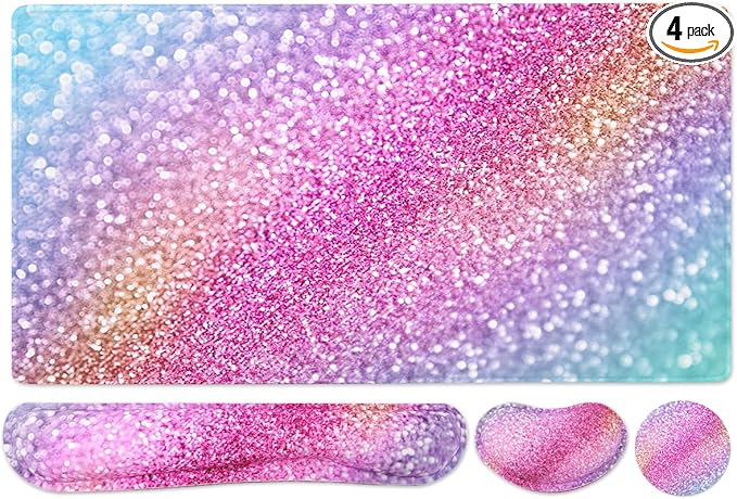 Large Keyboard Mouse Pad Set, Extended Mouse Pad+Keyboard Wrist Rest Support, Memory Foam Ergonomic Easy Typing, 4Pcs (35.4×15.9 in) Desk Pad Set for Home Office Study Game - Colorful