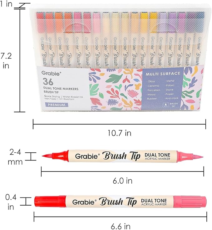Grabie 72 Colors Acrylic Paint Markers, Soft Brush Tip Acrylic Markers Set, Water Based Acrylic Markers for Wood, Fabric, Canvas, Glass, Stone, Rock Painting and DIY Crafts Art Supplies, Set of 36