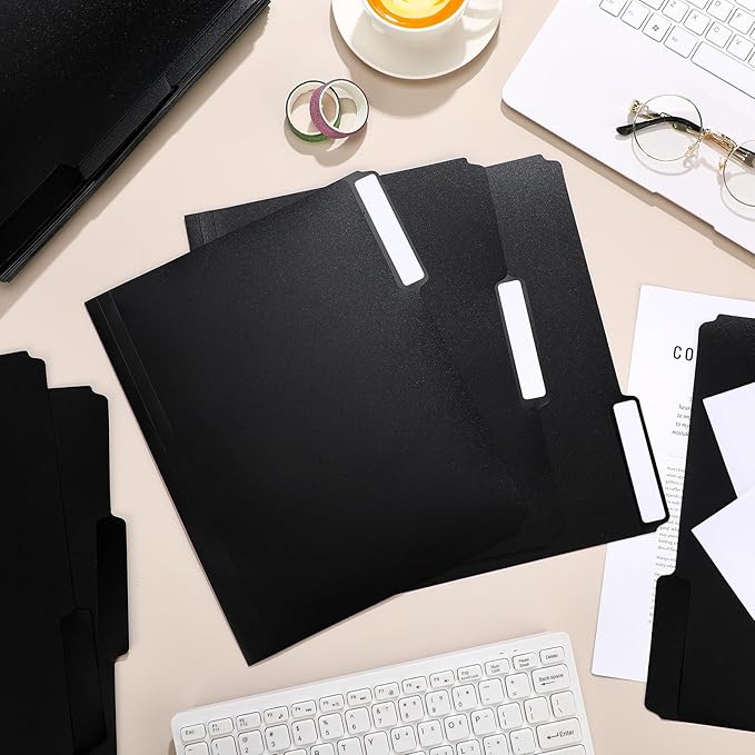 48 Pack Colored Plastic File Folders with Tabs and Sticky Labels Sturdy 1/3 Cut Tab Manila File Folders Letter Size 8. 5 x 11 Inch for Office Home Supplies Organizer Documents(Black)