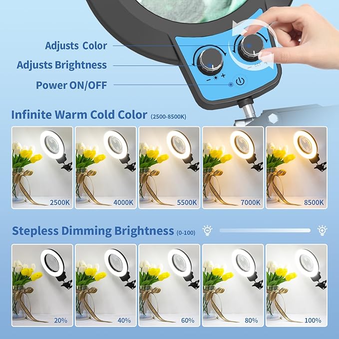 12X Magnifying Glass with Light Hands Free, 2025 New Upgrade Infinite Color and Brightness Desk Lamp & Clamp, 2-in-1 LED Lighted Magnifier Stand for Craft Reading Hobby Close Work-Blue