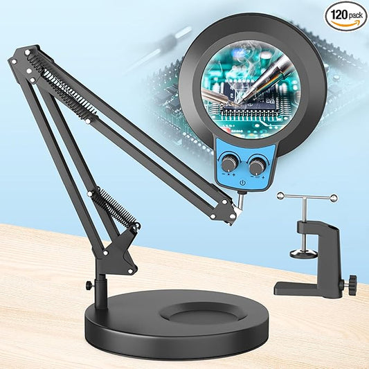 12X Magnifying Glass with Light Hands Free, 2025 New Upgrade Infinite Color and Brightness Desk Lamp & Clamp, 2-in-1 LED Lighted Magnifier Stand for Craft Reading Hobby Close Work-Blue