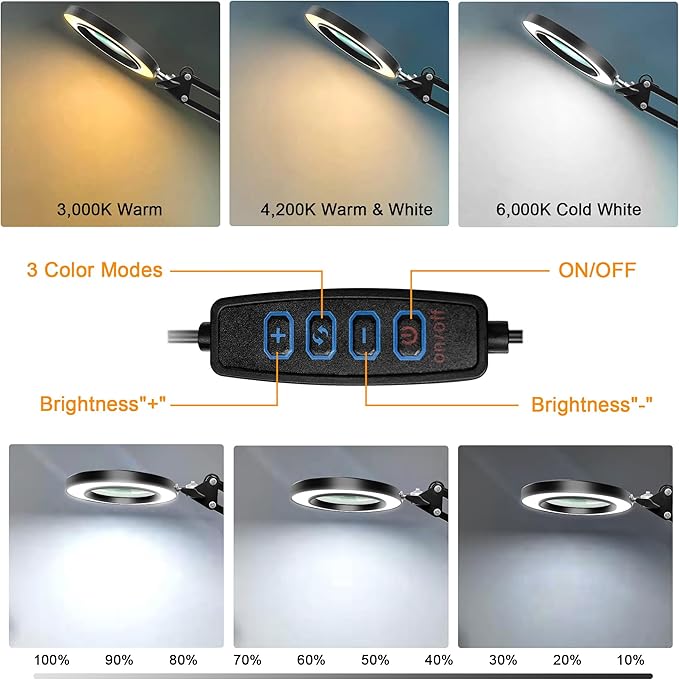 10X Magnifying Glass with Light and Stand, 2-in-1 LED Magnifier Desk Lamp, 3 Color Modes 10 Level Dimmable, Hands-Free Lighted Magnifier for Craft Repair Nail Reading Close Works (Black, Base)
