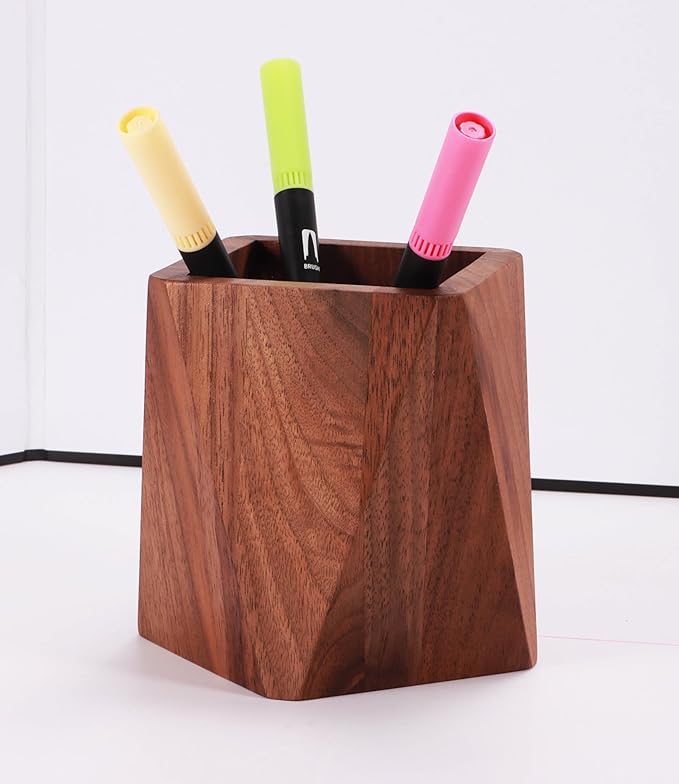 Black Walnut Wooden Desk Organization Pen Holder, Stationary Pen Organizer Dual-Purpose Art Supply Pencil Cup Holder for Office, School, Home