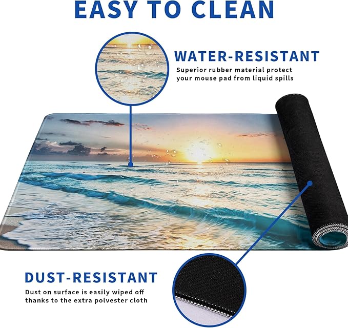 Sunrise Beach Mouse Pad Abstract Sea Mouse Pad 31.5x11.8 Inch Japanese Texture Non-Slip Rubber Base Large Mousepad Stitched Edges Keyboard Mouse Mat Desk Pad for Office and Home
