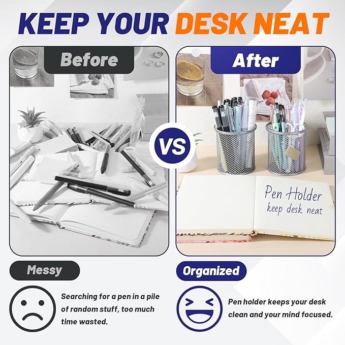 Segarty Pen Cup Holder for Desk, 12 Pack Round Silver Pen Holder, Wire Mesh Pencil Cups Containers Marker Organizer Set for Office Supplies, School, Desktop Accessories, Makeup Brush