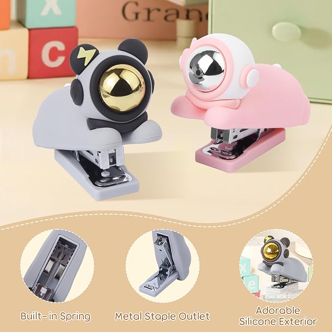 Honagu Cute Stapler, Cartoon Stereoscopic Silicone Stapler, Labor-Saving Office Supplies, Desktop Stationery Gift for Students Kids (Grey)