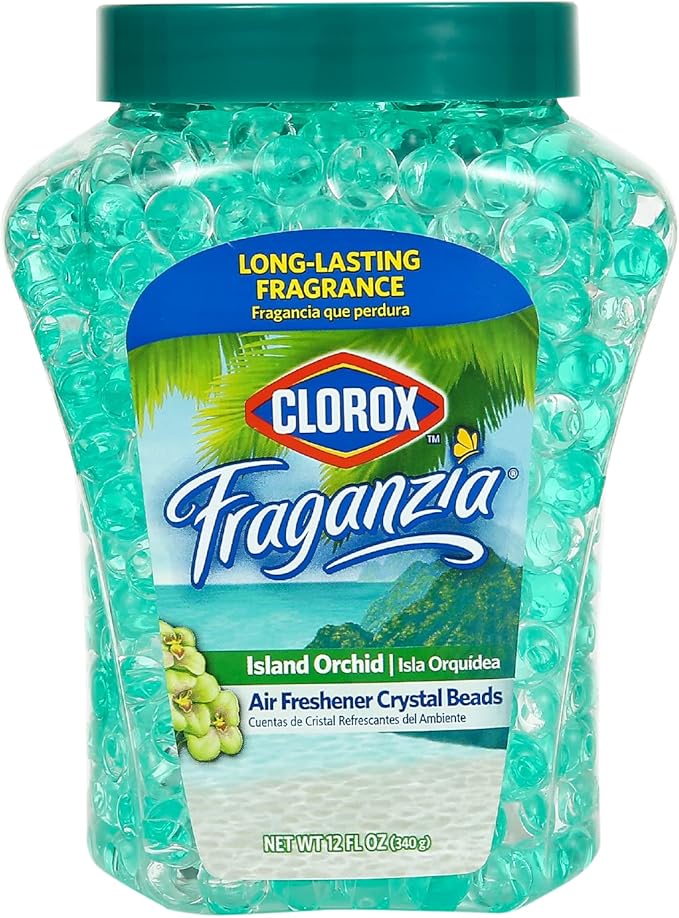 Clorox Fraganzia Crystal Beads Air Freshener in Island Orchid Scent - Long-Lasting Room Deodorizer - Odor Eliminator Gel Beads to Freshen Home, Car, or Office, 12 Fl Oz - 12 Pack