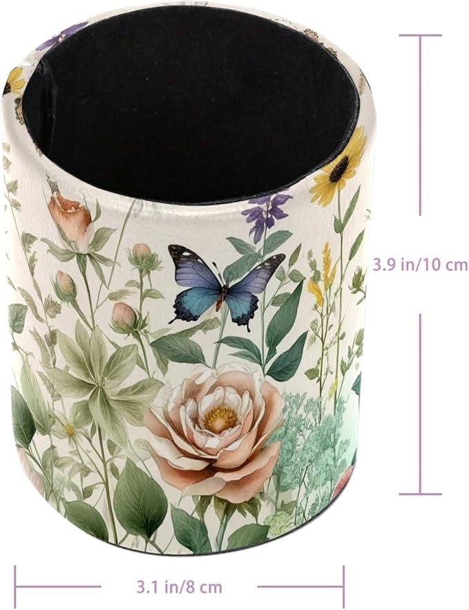 Leather Pen Holder for Desk Floral Pretty Butterflies Pencil Cup Desktop Organizer Makeup Brush Holders Office Supplies for Home, Kids & School