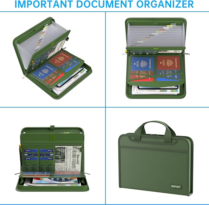 ENGPOW Accordion File Organizer,Fireproof Expanding File Folder with Multi Pockets,13 Pockets Document Organizer with Handle & Labels,Portable Home Travel Safe Storage for Letter A4 Files,Green