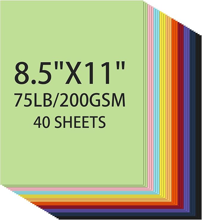 Cardstock 8.5 X 11, 40 Sheets 10 Colors Card Stock, 75lb/ 200gsm Copy Paper, Cardstock Printer Paper For Art, Drawing, Invitations, DIY Cards, Watercolor, Craft, Construction, School & Office Supplie