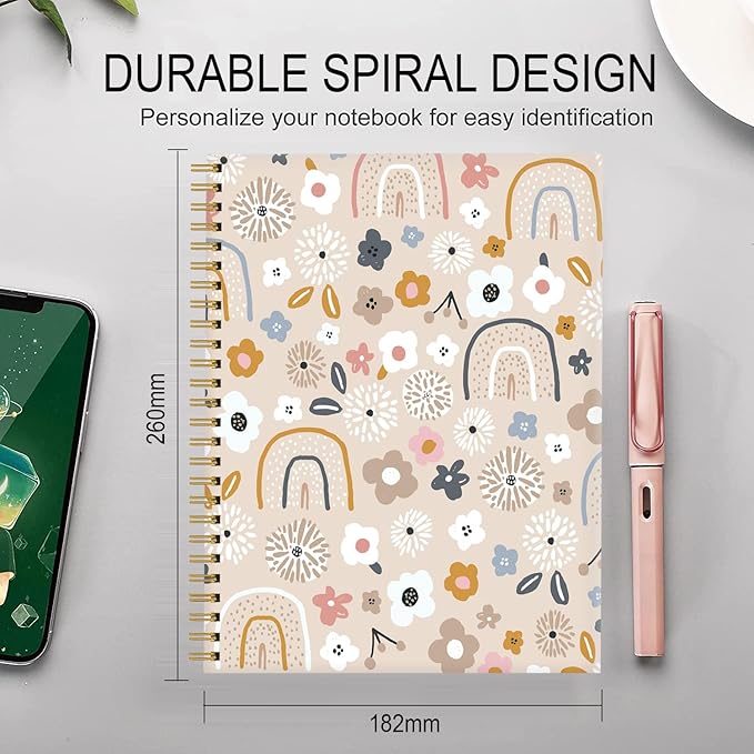 Spiral Journal Notebook for Women,A5 College Ruled Notebooks 6"x 8.4", 120 Pages Lined Journal with Premium Thick Paper,Perfect for School Office Home Gifts(cute floral rainbow)
