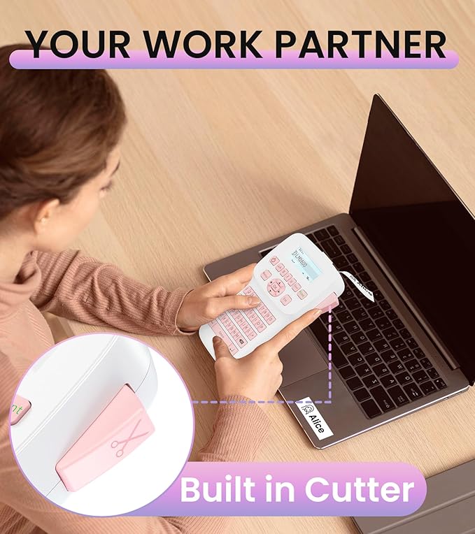 Pink Label Maker Handheld, Rechargeable Bluetooth Label Maker Waterproof-Labels, Keyboard Labeler Machine, Backlit Display, Multiple Symbol Icon Style Templates for Home Office Organization, LM1600