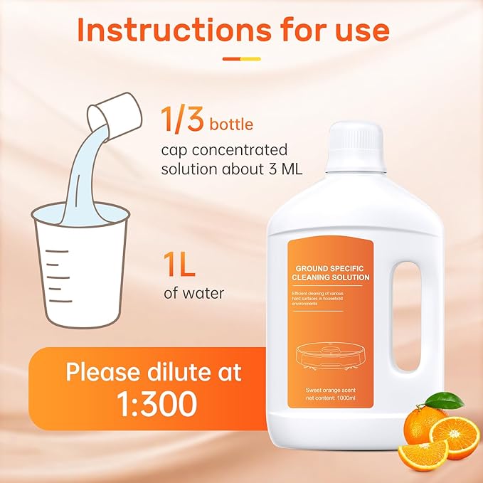 Nukisa Orange Floor Cleaning Solution 1L Compatible with Dreame Wet & Dry Vacuum and Robot， Residue & Streak Free,Suitable for All Robot Vacuum Cleaners and Wireless Wet Dry Dual-Use Vacuum Cleaners