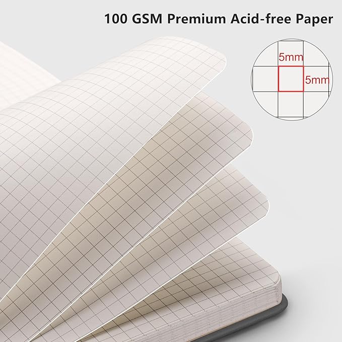 RETTACY Graph Grid Paper Notebook, 192 Pages, A5 Medium Size (5.7'' x 8.3''), 5 Squares per Inch, Leather Hardcover, 100 GSM Thick Paper, for School, Students, Math, Engineering (Gray)