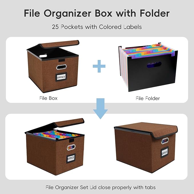 File Organizer Box with Folder, 25 Pockets Accordion File Organizer with Colored Labels, Upgraded & Portable File Folders for Home, Office, School, Brown
