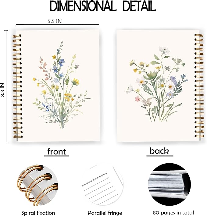 JWVK Vintage Wild Flower Spiral Notebook, Rustic Floral Botanical Notebooks for Note Taking, Cottagecore Wildflower Journal for Writing, Aesthetic Journal Journaling, 5.5x8.3 Inch
