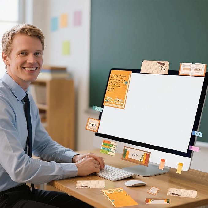 B1ykin Sticky Notes Set, Cartoon Theme Cute Self-Stick Notes Pad Christmas Thanksgiving Gifts， Self-Adhesive Writing Memo Pages Sticky to Do Notepad for Employee School Office (Funny Book Lovers)