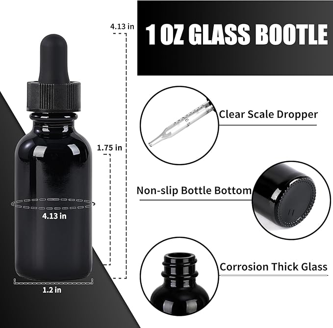 12 Pcs, 1oz Glass Dropper Bottle, Leakproof Tincture Bottles with Dropper, Black Reusable Eye Dropper Bottle for All Kinds of Liquids (Black,1oz-12pcs)