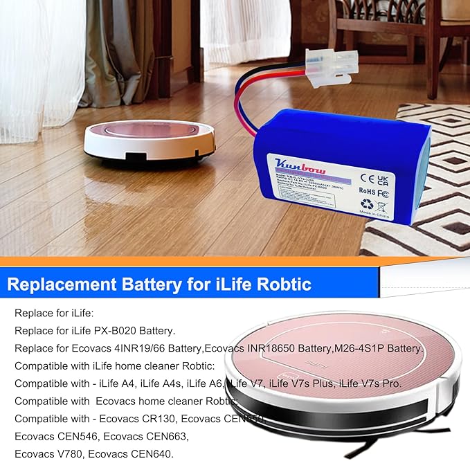 kunbow 3200mAh Replacement Battery for iLife A4, A4s, A6, V7, V7s Plus, V7s Pro, X620, Y8H4 Vacuum Cleaner.(14.8V/47.36Wh)