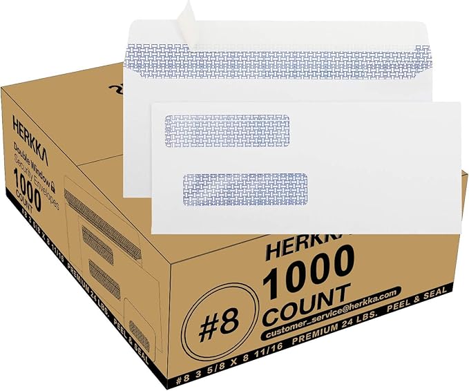 #8 Double Window Security Check Envelopes, No.8 Double Window Bussiness Envelopes Designed for QuickBooks Checks - Computer Printed Checks - 3 5/8 X 8 11/16 (NOT for INVOICES) - 24 LB - 1000 PACK