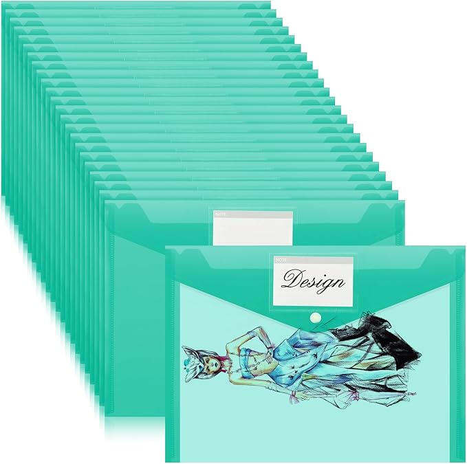 Lincia 24 Pcs Plastic Envelopes A4 Size Poly Envelopes File Folders Work Document Holder Office Paper Plastic File Organizer with Label Pocket Snap Button Home File Bag for School (Clear Green)