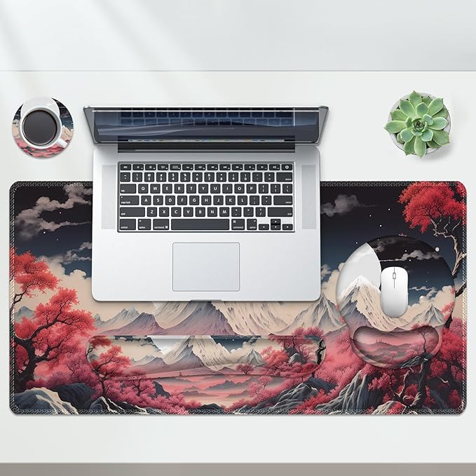 AIMSA Keyboard Mouse Pad Wrist Rest Set, Large Gaming Mouse Desk Pad with Wrist Support Ergonomic Design, 4 in 1 Mousepad for Home Office, Sakura Snow Mountain